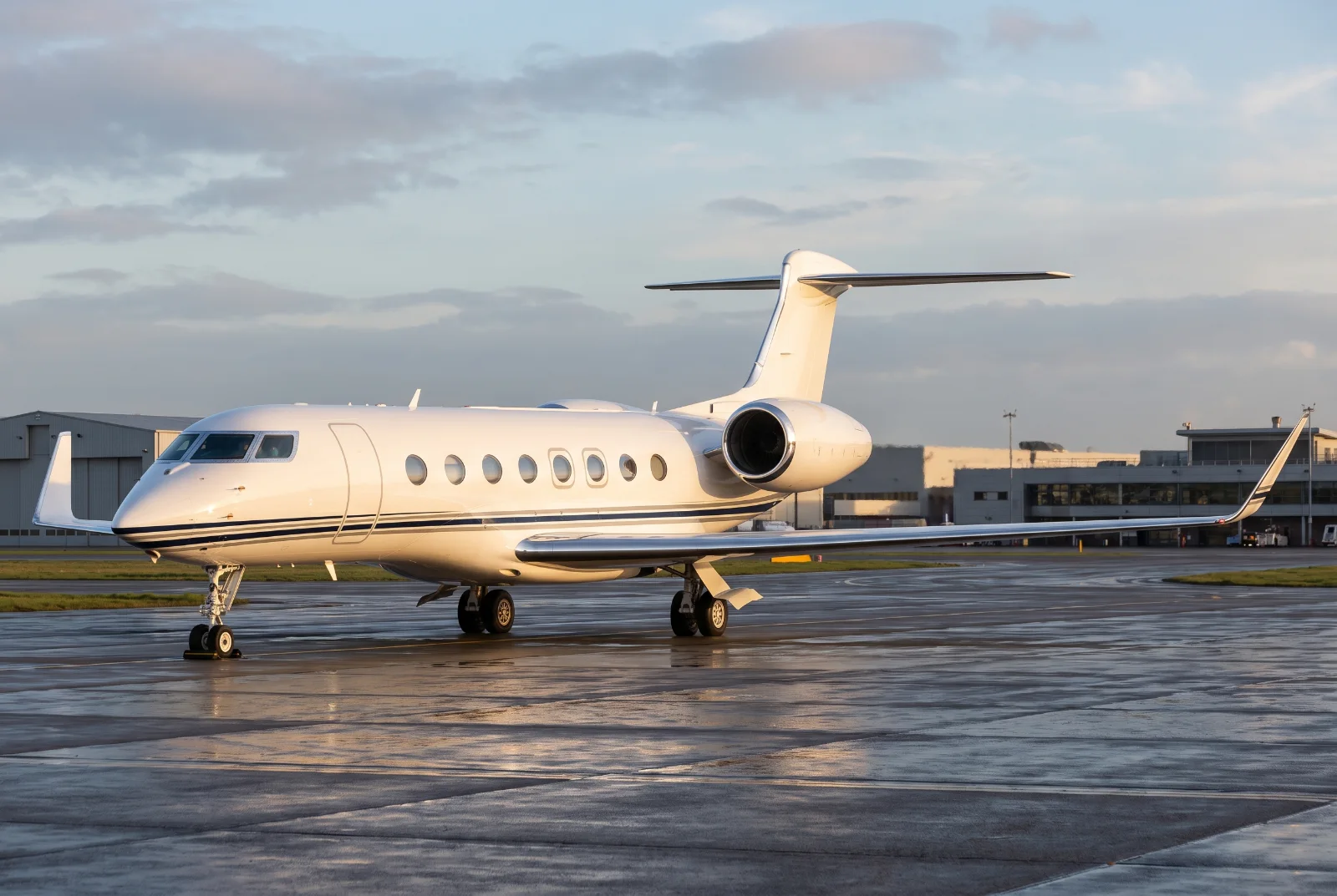 Gulfstream G650ER on the ramp at sunset