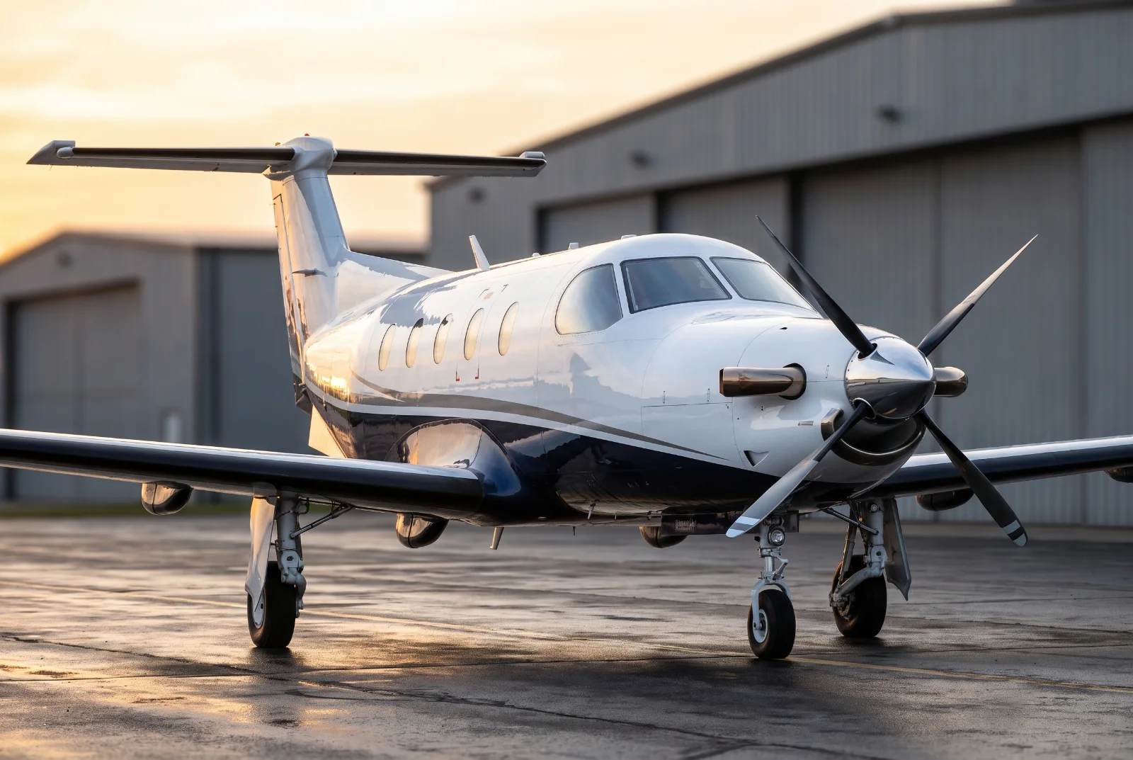 Pilatus PC-12 NG turboprop on the ramp at sunset