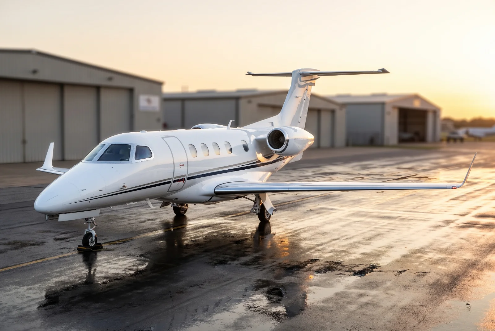 Embraer Phenom 300 light jet on the ramp at sunset